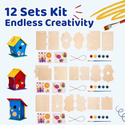 Neliblu DIY 12 Wooden Bird House Kits - Creative Arts and Crafts Set for Adults - Unfinished Wood Birdhouses with Paint Strips, Brushes, Stickers and Strings - 3 Unique Shapes, 2 Sizes