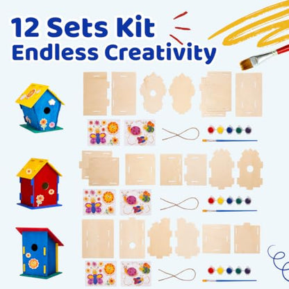 Neliblu DIY 12 Wooden Bird House Kits - Creative Arts and Crafts Set for Adults - Unfinished Wood Birdhouses with Paint Strips, Brushes, Stickers and Strings - 3 Unique Shapes, 2 Sizes