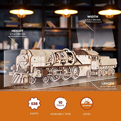UGEARS Mini Locomotive + V-Express Steam Train with Tender Idea- 3D Wooden Puzzle Model Kits for Adults