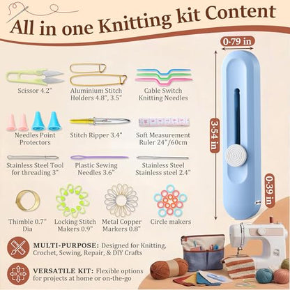 Gulfmew All in One Knitting Kit with Automatic Needle Threader, Sewing Accessories Set with Scissors, Stitch Markers & Portable Storage Case, Easy Threading Tool for Beginners, Crochet & DIY Crafts