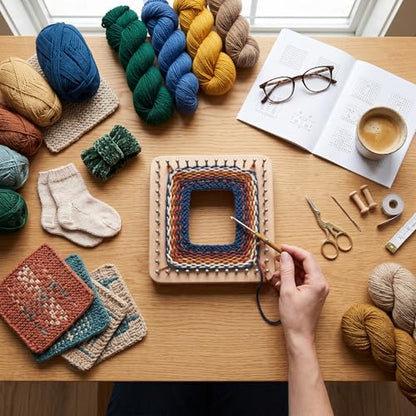 Square Wooden Knitting Loom with Multiple Hooks, Mini Crochet Board for Weaving Scarves, Hats, Socks and Hairband - DIY Beginner Knitting Tool - size: Small
