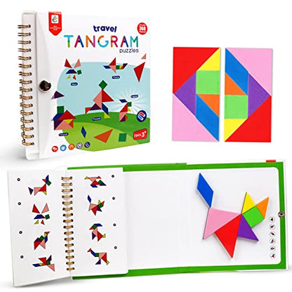 USATDD Travel Tangram Puzzle with 2 Set, Magnetic Pattern Blocks Road Trip Travel Games Jigsaw Montessori Brain Blocks IQ Book with 368 Solution Brain Teasers for Kids Adults Challenge - style: 368 Solution