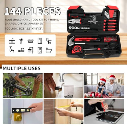 144-Piece Red Home Tool Set, Household Hand Kit with Plastic Toolbox - color: Red, size: 144-Piece
