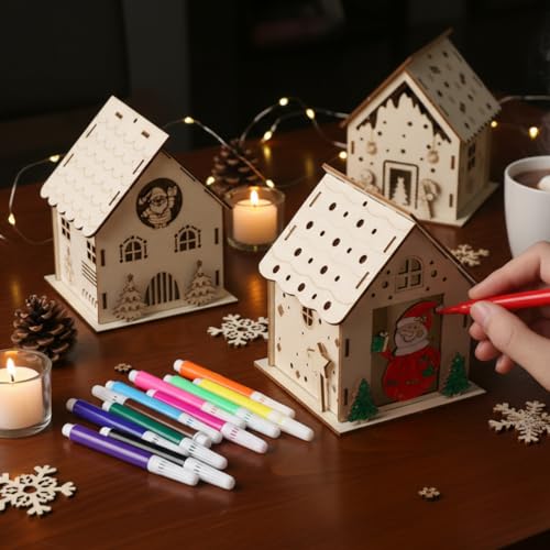 Threehoney 24 Sets Wooden Christmas Houses, 3D Gingerbread Village Kit