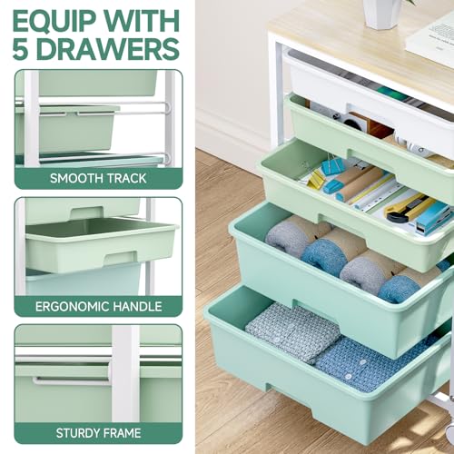 SYKIARIOL Rolling Cart with Drawers,5 Drawers Storage Cart,Light Green - color: Green