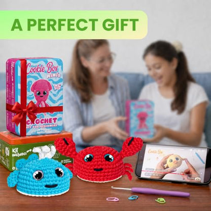 Cookie Box Crochet Kit for Beginners, Frog Mr. Ribbit - color: Green and Yellow