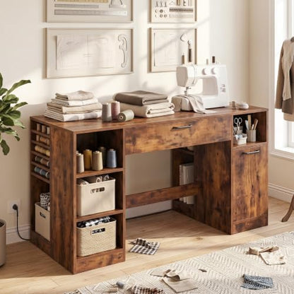 COSTWAY Sewing Machine Table with Power Outlets, Massive Storage (Brown) - color: Brown