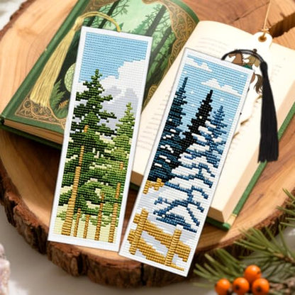 ACRNIGHEET 6PCS Cross Stitch Bookmark Kit for Beginner Pine Stamped Cross Stitch Kits Needlepoint Kit for Adults DIY Tassel Embroidery Bookmark Kits with Instructions Craft Gift 8.5"x3" 11CT - style: Pine Tree Patterns