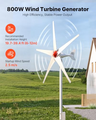 VEVOR 800W 12V Wind Turbine Generator, 5-Blade Wind Turbine Kit with MPPT Controller, High-Efficiency 3-Phase AC Permanent Wind Power Generator for RVs, Boats, Home, Farm (Tower Pole Not Included)