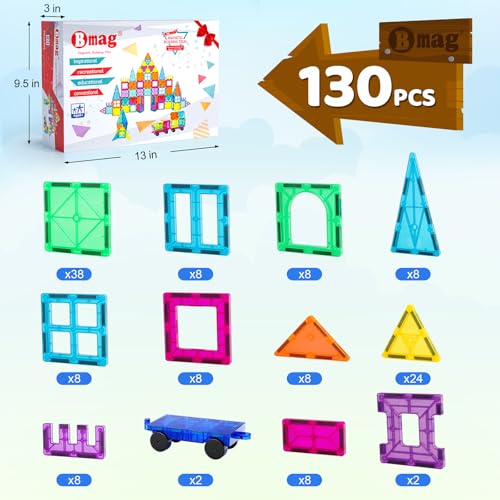 Bmag 130PCS Magnetic Tiles Building Blocks with 2 Cars | 3D Clear Magnet Blocks | STEM Preschool Toys for 3-9+ Kids | Christmas & Toddler Gift | Compatible with Major Brands - size: 130 PCS