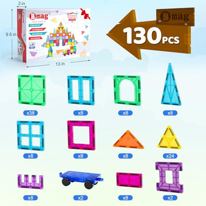 Bmag 130PCS Magnetic Tiles Building Blocks with 2 Cars | 3D Clear Magnet Blocks | STEM Preschool Toys for 3-9+ Kids | Christmas & Toddler Gift | Compatible with Major Brands - size: 130 PCS