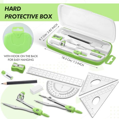 Zonon 10 Pcs Math Geometry Set for Student Compass Protractor, Green - color: Green