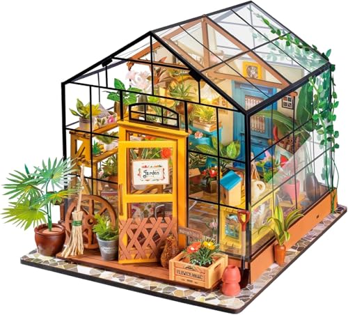 ROBOTIME DIY Miniature House Kit Mini Green House Tiny Dollhouse Wooden Furniture Kit with LED Halloween/Christmas/Birthday Gifts for Adults (Cathy's Greenhouse) - color: Cathy's Flower House