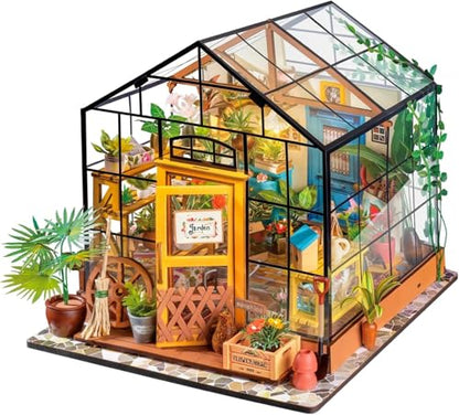ROBOTIME DIY Miniature House Kit Mini Green House Tiny Dollhouse Wooden Furniture Kit with LED Halloween/Christmas/Birthday Gifts for Adults (Cathy's Greenhouse) - color: Cathy's Flower House