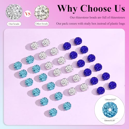 Dowarm 255PCS 10mm Rhinestone Beads for Baseball Rhinestone Necklace Bracelet Jewelry Making, Round Polymer Clay Beads for Crafts Beaded Pen, DIY Shamballa Pave Disco Bead, Turquoise|Blue|White - color: 05-Turquoise | Blue | White