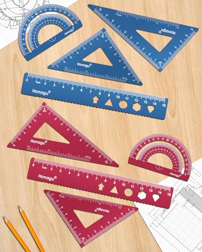 Honagu Triangular Ruler Set, 2 Sets/8 Pieces Aluminum Alloy Ruler, Metal Drafting Ruler, Geometric Protractor for Students, Draftsmen, Engineers, School Office Supplies(15cm/5.9inches, Red+Deep Blue) - color: Red+Deep blue