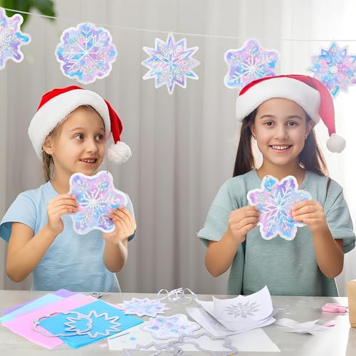 Aneco 24 Sets Winter Snowflake Crafts Kits Glitter Frozen Paper Tissue Sign Craft Christmas Tree Hanging Decorations for Party Holiday DIY Home Activities - style: Winter Snowflake