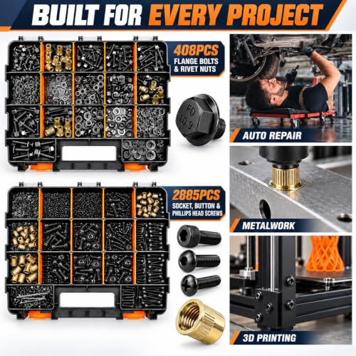 3295PCS Metric Bolt & Screw Assortment Kit, M2 M3 M4 M5 M6 M8 M10 M12 Flange Bolts, Machine Screws, 10.9 Grade, Nuts, Washers, Lock Washers & Rivet Nuts, Hex Socket & Button Head, Black Zinc Plated - color: Black-3295PCS M2 M3 M4 M5 M6 M8 M10 M12