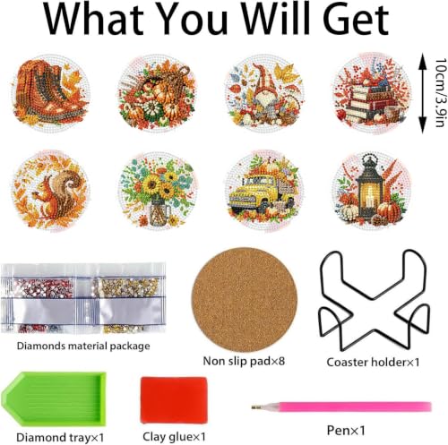 8 PCS Autumn Diamond Art Coasters Kit for Adults,Diamond Painting Coasters - color: Autumn