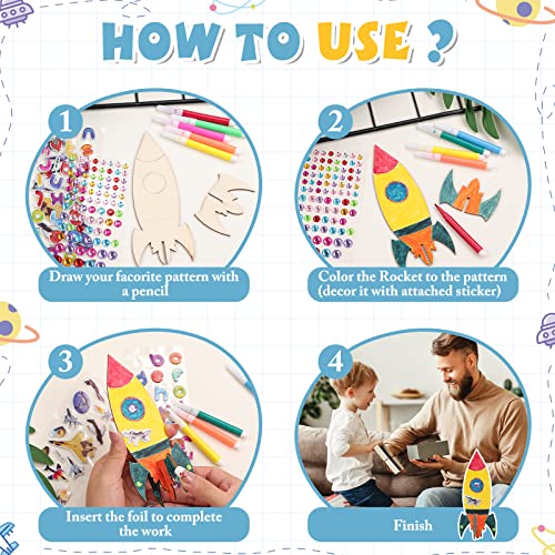 BAPHILE 12 Pack DIY Wood Rocket, Mini and Decorate Wooden Craft Kits With Tools for Kids School Home Party Decor Projects