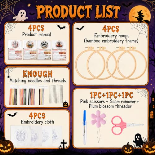4 Set Halloween Embroidery Kit, DIY Hand Embroidery Kit for Beginners