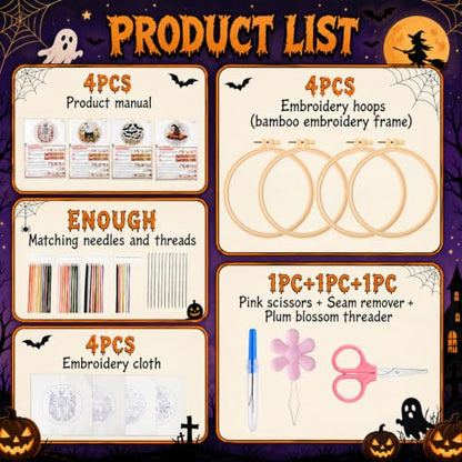 4 Set Halloween Embroidery Kit, DIY Hand Embroidery Kit for Beginners