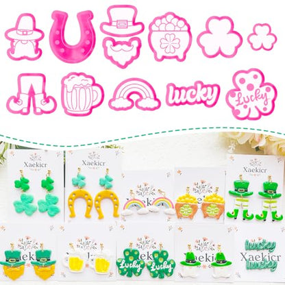 St. Patrick's Day Polymer Clay Cutters Set - 12pcs Lucky Shamrock Leprechaun Shapes for DIY Earring Jewelry Making, Soft Clay Crafts & Holiday Supplies - color: 2R color