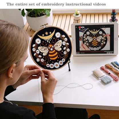Hand Embroidery Starter Kits for Beginners Adults, Counted Stamped Cross Stitch Kit for Beginners Adults, Embroidery Needlepoint Kit with Moth Flower Pattern, 3 Hoops (Attached Teaching Video QR Code) - color: Moth