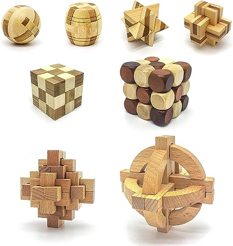 PicassoTiles 8 Styles Interlocking Sensory Toys Wooden Burr Cube, Ball and Barrels Logic Skill Genius Puzzle Brain Teaser Games & Intellectual 3D Assembling Educational Toy Set for Kids & Adults PTP08 - color: 8 Styles Wooden Burr Cube