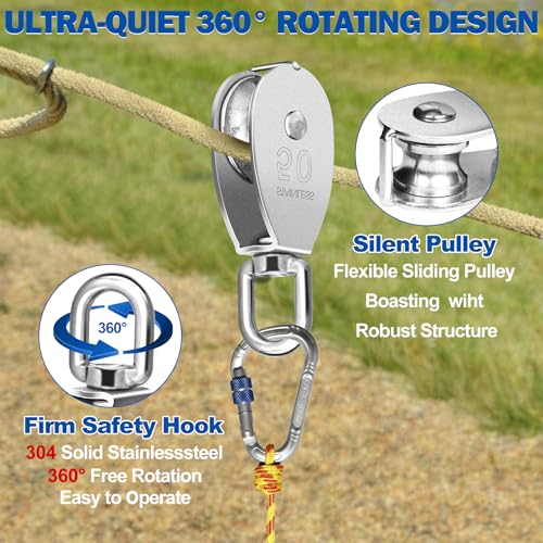 Cable Pulley Wheel Stainless Steel, 4 Pack M50 Single Pulley Snatch Block, Heavy Duty Lifting Crane Swivel Hook, Bearing Inside Rope Pulleys for Lifting System Gym Equipment Clothesline, 800 lbs Load - size: M50 - 4 Pack