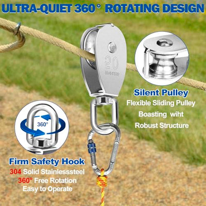 Cable Pulley Wheel Stainless Steel, 4 Pack M50 Single Pulley Snatch Block, Heavy Duty Lifting Crane Swivel Hook, Bearing Inside Rope Pulleys for Lifting System Gym Equipment Clothesline, 800 lbs Load - size: M50 - 4 Pack