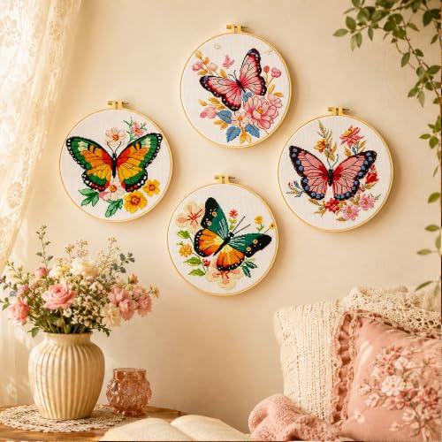 Zhenqing 4 Butterfly Floral Cross Stitch Kit, 11CT Printed Fabric with Hoop - color: 4 Butterfly Kit