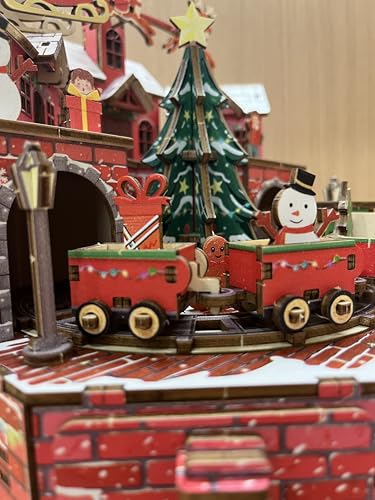 3D Wooden Puzzle Music Box Train, red Brick Base with Christmas Tree 3D Wooden Puzzles for Adults, Christmas sled, Reindeer, Vacation Home Decoration, Music Rotating Display - style: Traditional