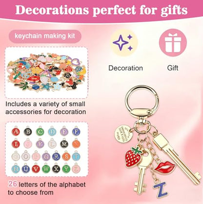 Flewyum 198Pcs Charms Lip Gloss Keychain Making Kit, DIY Craft Supplies with Charms, Key Chain Hooks, Jump Rings, Lobster Clasps, Chains & Tools, Jewelry Making Kit for DIY Craft Gifts.