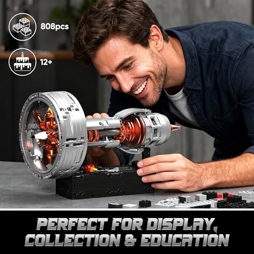Turbojet Engine Building Blocks Sets, Motorized Jet Engine Model Kit with Motor, Mini Aircraft Engine Kits that Runs with Spinning Fan & Moving Turbine, for Adults & Kids 12+