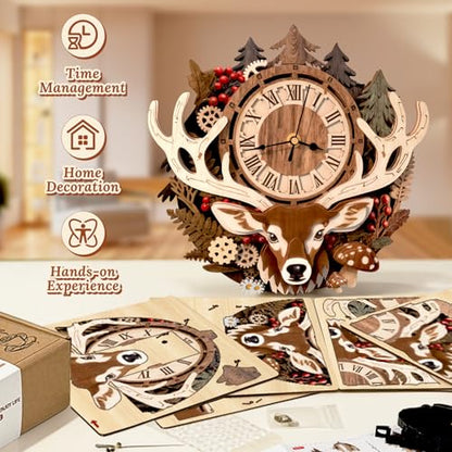 3D Wooden Puzzle for Adults - Forest Deer Clock - color: Forest Deer Clock