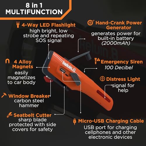 KELVIN 8 Automotive Emergency Tool 8: Power Generator with USB Powerbank, Razor Sharp Seat Belt Cutter, Car Flashlight Emergency Kit, Safety Window Hammer, & 100 db Emergency Siren - Camo - color: Camo