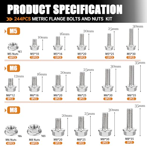 mankk 244PCS 304 Stainless Steel Metric Flange Bolts and Nuts Assortment Kit M5/M6/M8(10mm to 35mm) Hex Bolts and Nuts Kit for Automotive - size: 244PCS M5 M6 M8, style: Flange Bolt