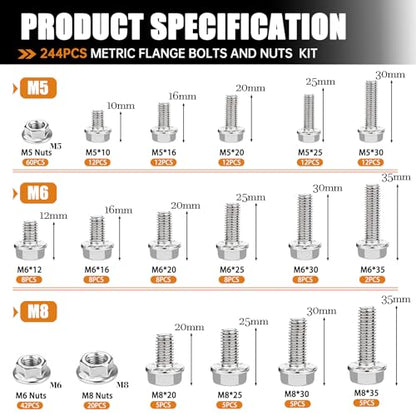 mankk 244PCS 304 Stainless Steel Metric Flange Bolts and Nuts Assortment Kit M5/M6/M8(10mm to 35mm) Hex Bolts and Nuts Kit for Automotive - size: 244PCS M5 M6 M8, style: Flange Bolt