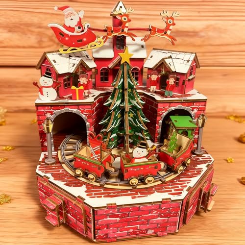3D Wooden Puzzle Music Box Train, red Brick Base with Christmas Tree 3D Wooden Puzzles for Adults, Christmas sled, Reindeer, Vacation Home Decoration, Music Rotating Display - style: Traditional