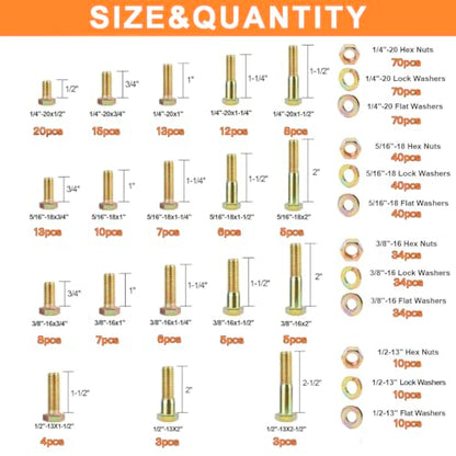 612pcs Heavy Duty SAE Grade 8 Bolts and Nuts Kit, 1/4-20,5/16-18,3/8-16,1/2-13 Bolt Assortment Kit Including Nuts Washers, Yellow Zinc Plated - size: 612 PCS 1/4-20, 5/16-18, 3/8-16, 1/2-13