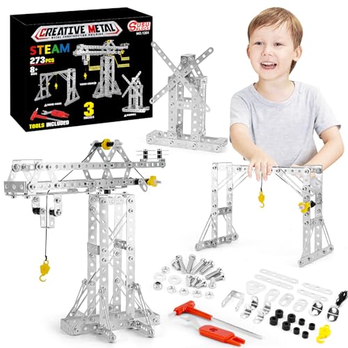 BESTYMXY Building Toys Model Set 273PCS - Tower Crane, Frame Crane & Windmill 3 in 1 Metal Kit, DIY Building STEM Projects, Educational Assembly Metal Toys