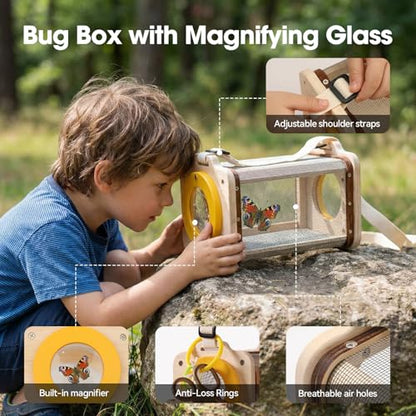 Wooden Bug Catcher Kit for Kids 3-8, 10PCS Durable Outdoor Explorer Kit with Magnifying Glass, Butterfly Net & STEM Guide, Catch & Release Adventure Set for Backyard & Camping