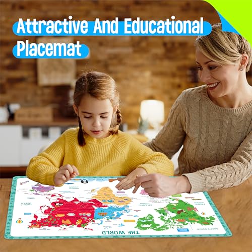 6 Pack Placemats for Kids, Non-Slip Washable, Reusable Universe, Periodic Table, US President, Human Body, Map of USA & World Educational Placemats for Home, Kindergarten, Classroom, Nursery - style: Education-A