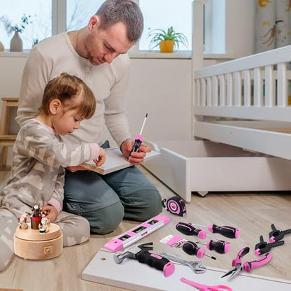 URASISTO 22-Piece Kids Tool Set with Storage Bag, Pink Junior Real Hand Tool Kit for Boys & Girls, Age 8+