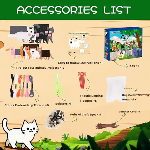 GOASION Sewing Kit for Kids, 12 Pcs Cat Crafts Sewing Kit, Ages 5-8-12 - color: Cat Sewing Set - 12 Pack