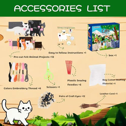 GOASION Sewing Kit for Kids, 12 Pcs Cat Crafts Sewing Kit, Ages 5-8-12 - color: Cat Sewing Set - 12 Pack