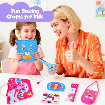 MGparty My First Kids Sewing Kit, DIY Arts & Crafts Set with 7 Felt Bag Projects, Beginner Sewing Activities for Kids Ages 5+, Creative Learning Craft Kit, Birthday Gifts for Boys & Girls