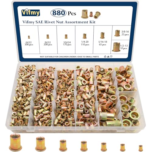 SAE Rivet Nut Assortment Kit, 880Pcs #6-1/2 Zinc Plated Rivnut Insert - color: Yellow, size: SAE Assortment - 880 Pcs