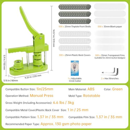 Button Maker Machine 25mm (1 in) DIY Gift, Installation-Free Pin Maker Machine, Pin Badge Button Press Machine with Free 500pcs Button Parts&100pcs Pictures&Circle Cutter(Green) - size: Round 25mm (1 inch)